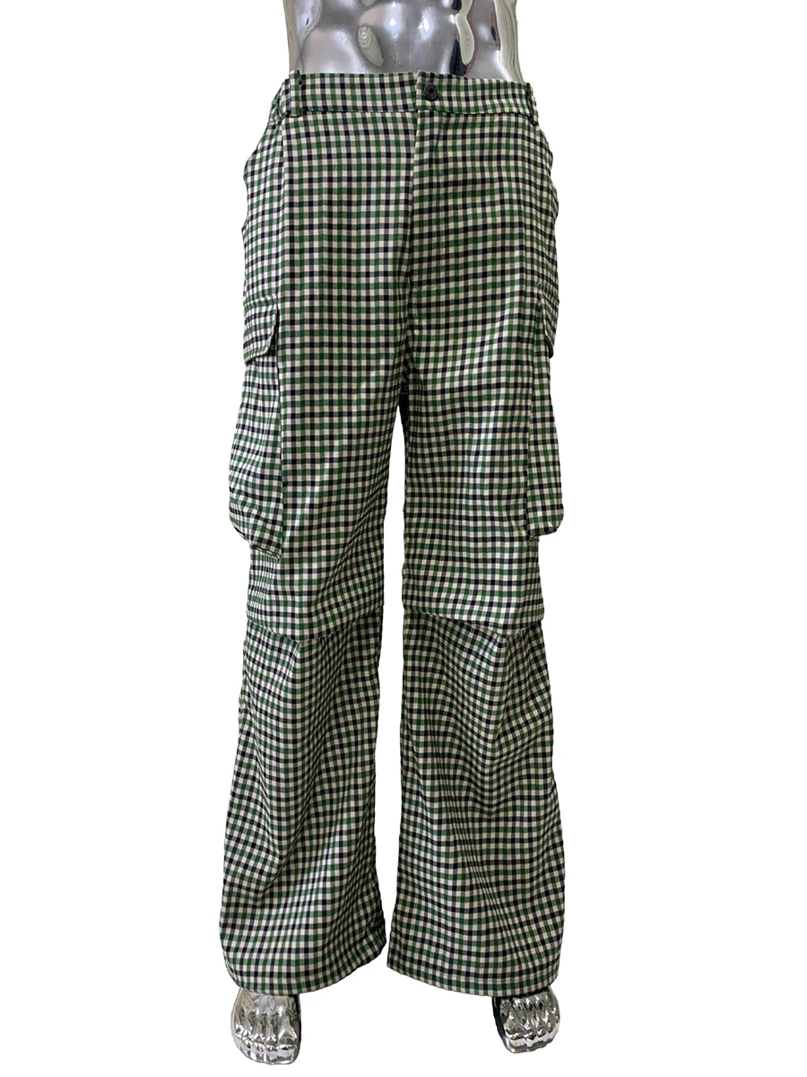 ربيع الخريف الملونة الأخضر منقوشة واسعة الساق السراويل البضائع للرجال جيوب ثلاثية الأبعاد شيك فاخر مصمم ايمو الملابس 2025 #4