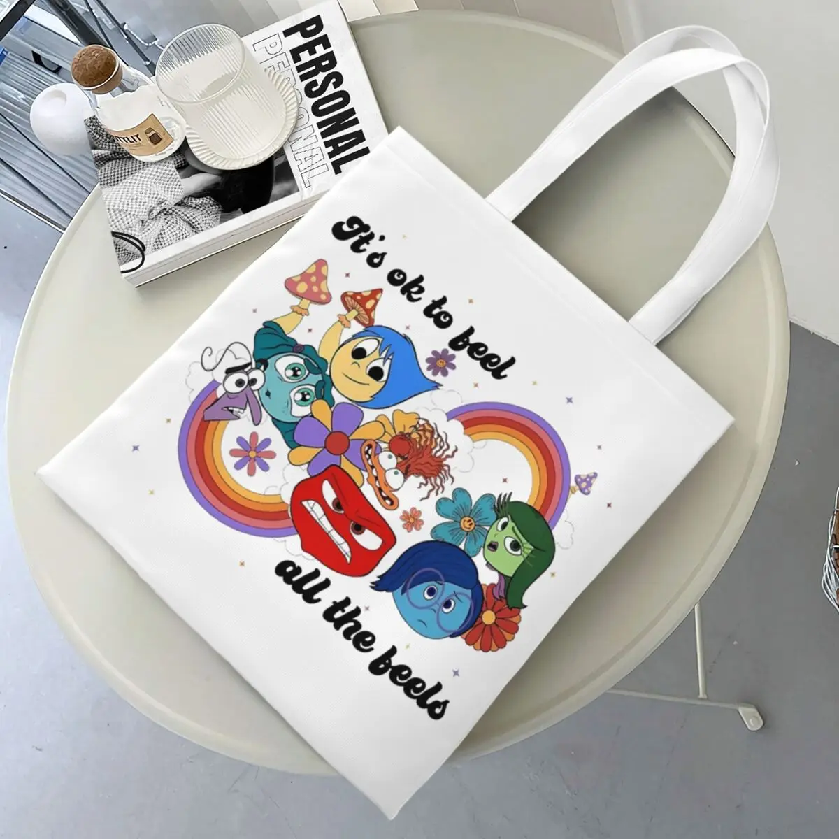 Inside Out Emotions Anxiety Anger Canvas Tote Bag Eco-Friendly Large Capacity Shopping Bag for Unisex Cartoon School Bags