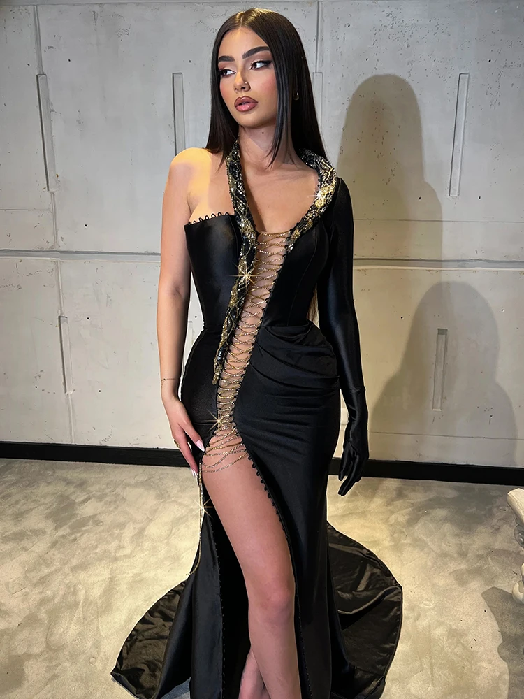 مثير كم واحد قطع الدانتيل المخملية الأسود ماكسي طويل Bodycon اللباس الدانتيل يصل عالية سبليت أنيقة حزب مساء ثوب