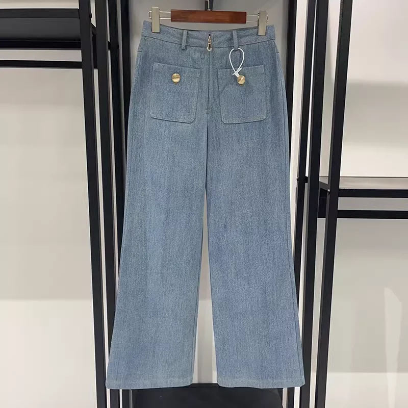 

Women Golden Buttons Denim Pants High Waist Straight Casual Wide Leg Jeans
