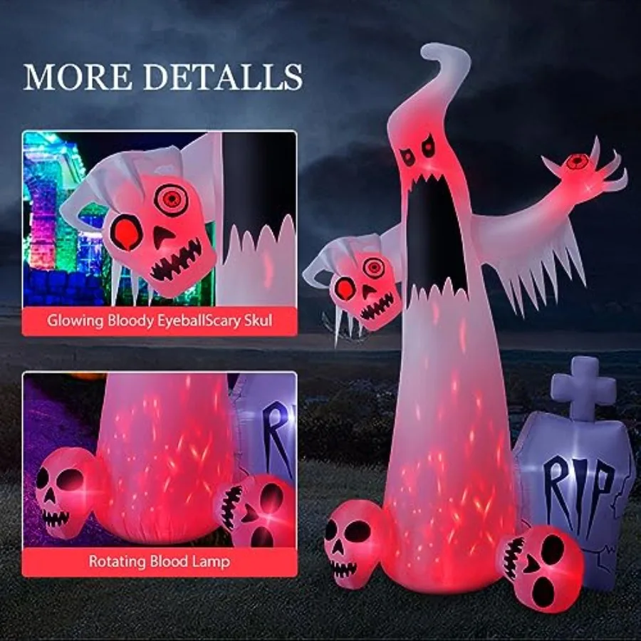 Halloween Outdoor Decorations: 12 Ft Inflatable Ghost With 3 Skulls, White Fabric, Built-In LED Lighting For Garden And Party view 3