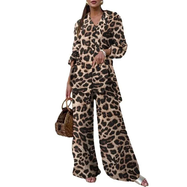 Autumn Fashion Leopard Print Women\'s Suit Two-piece Retro Street Print Casual Loose Long-sleeved V-neck Top Wide-leg Pants Suit