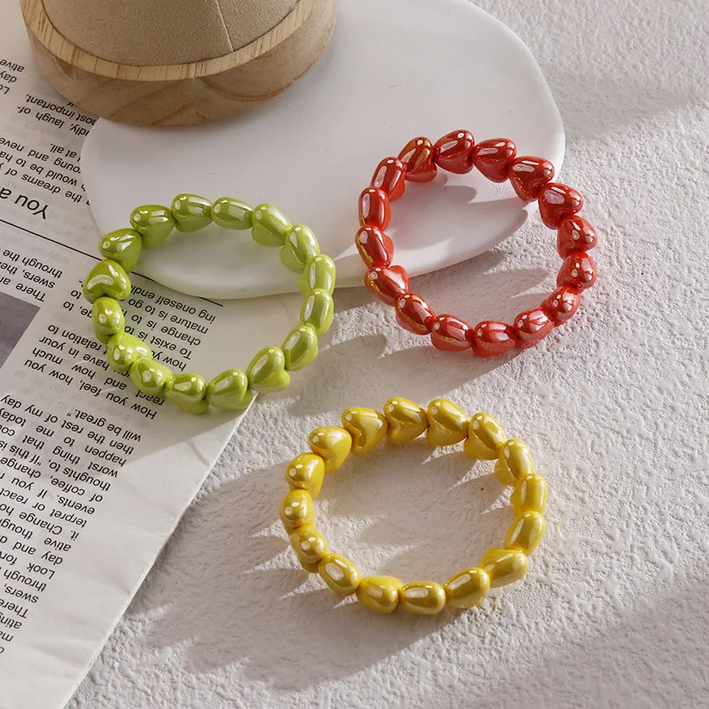 Fashion Dopamine Bracelet Colorful Glossy Resin Heart Handmade Bead Elastic Bracelets for Women Sweet Stackable Jewelry Gift