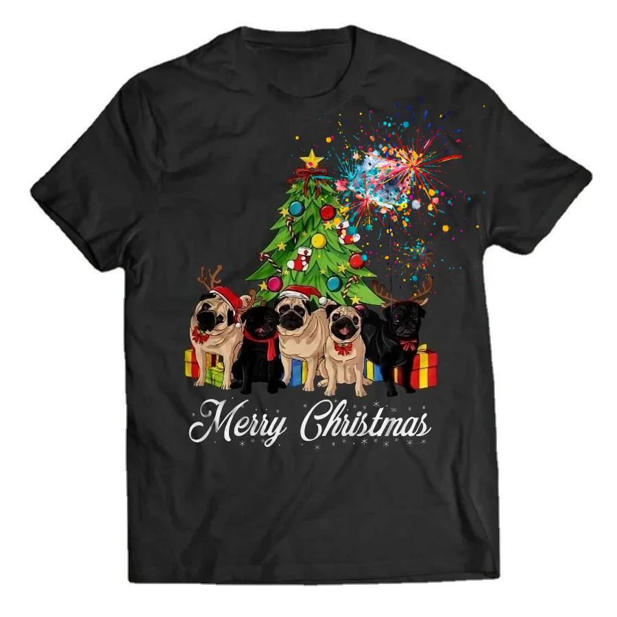 

Funny Merry Christmas Reindeer Pug Dog Christmas Tree T-Shirt 100% Cotton O-Neck Short Sleeve Casual Mens T-shirt Size S-3XL