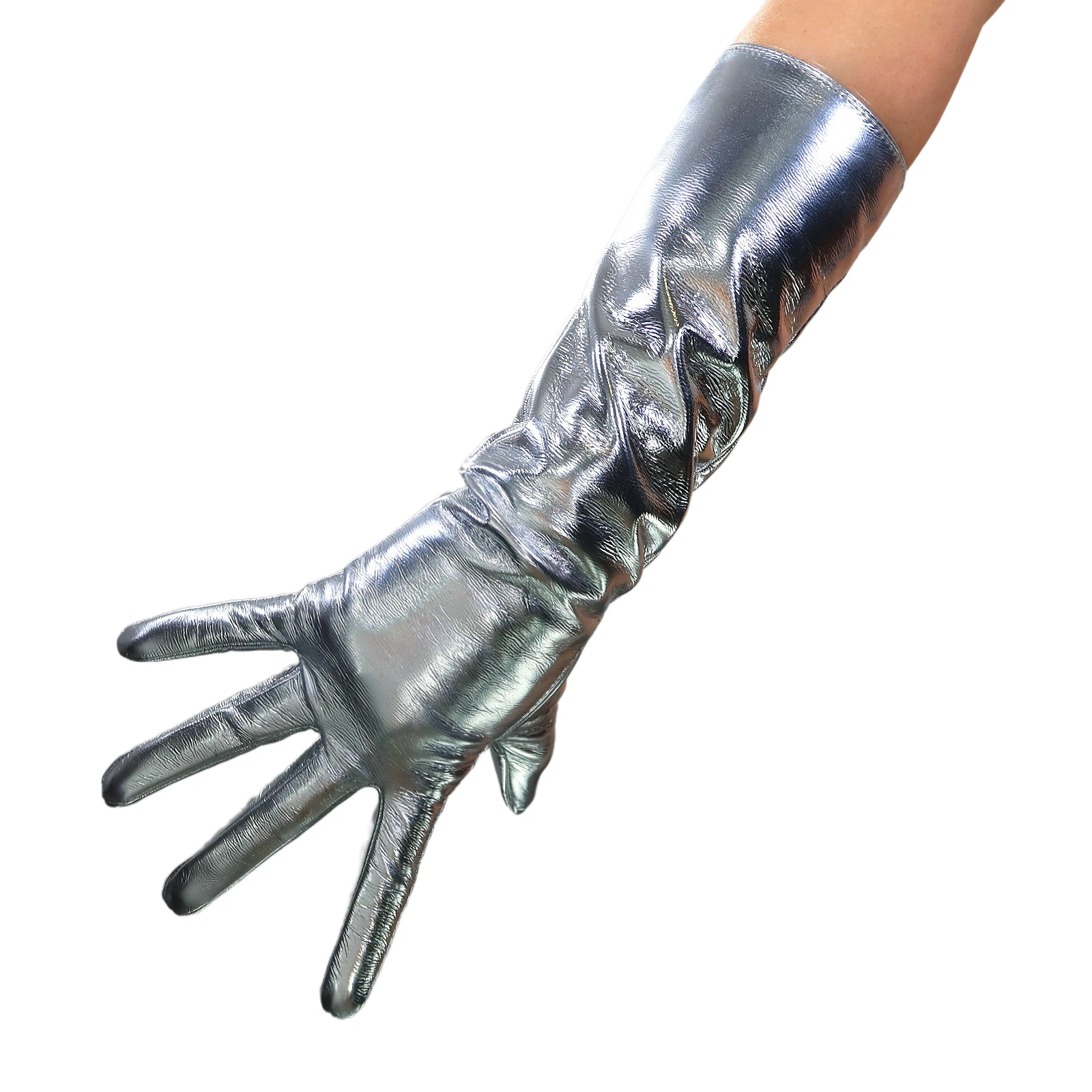 

Metallic Silver LATEX LONG GLOVES Shine Faux Patent Leather Elbow 40cm Opera Evening Dressing Fashion Stage Costume Cosplay