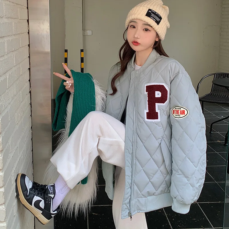 Women's American Retro Quilted Pattern Baseball Cotton Coat Winter Korean Loose Fit Preppy Style Letters Embroidery Parkas