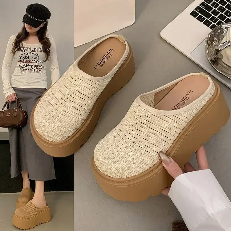 Womens Slip On Knitted Mule Slides Platform Thick Sole Breathable Mesh Half Slippers Lazy Casual Outdoor Fashion Walking Shoes