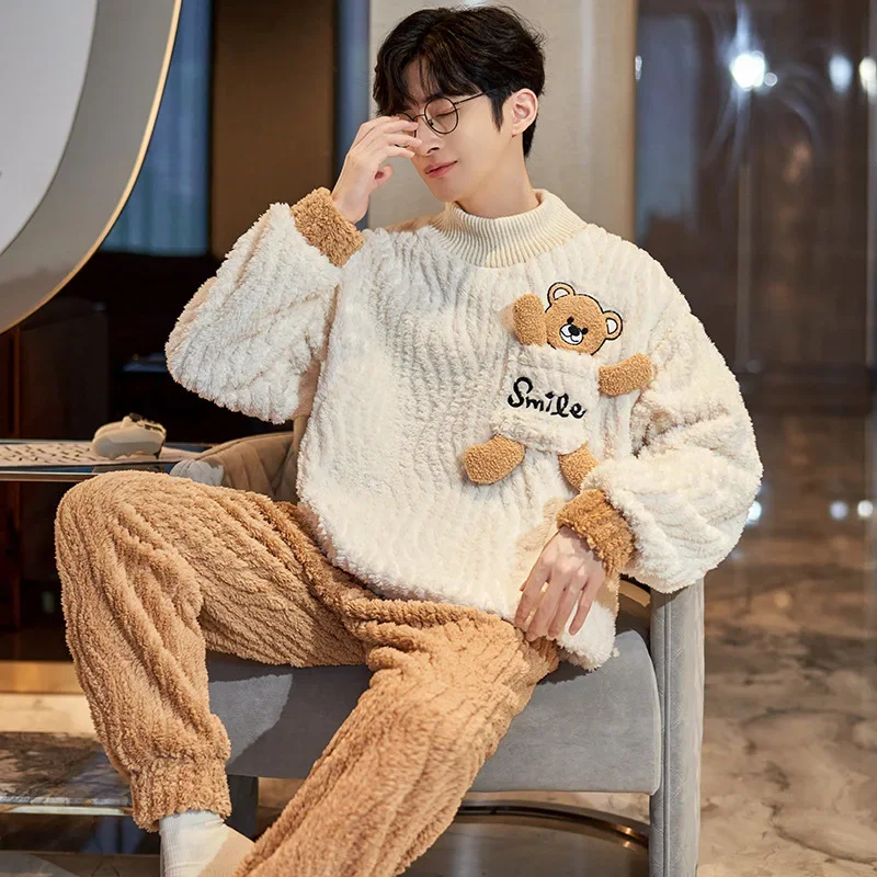 Couples Pajamas Sets Women Men Winter Thicken Sleepwear Pyjama Pour Femme Coral Fleece Korean Cartoon Bear  Loose Lovers Pijama