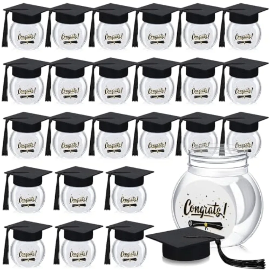 

24 Sets Graduation Cap Candy Jars 2026 8oz Plastic Candy Container Chocolate Gum Bottles School Party Gifts for Guests Black