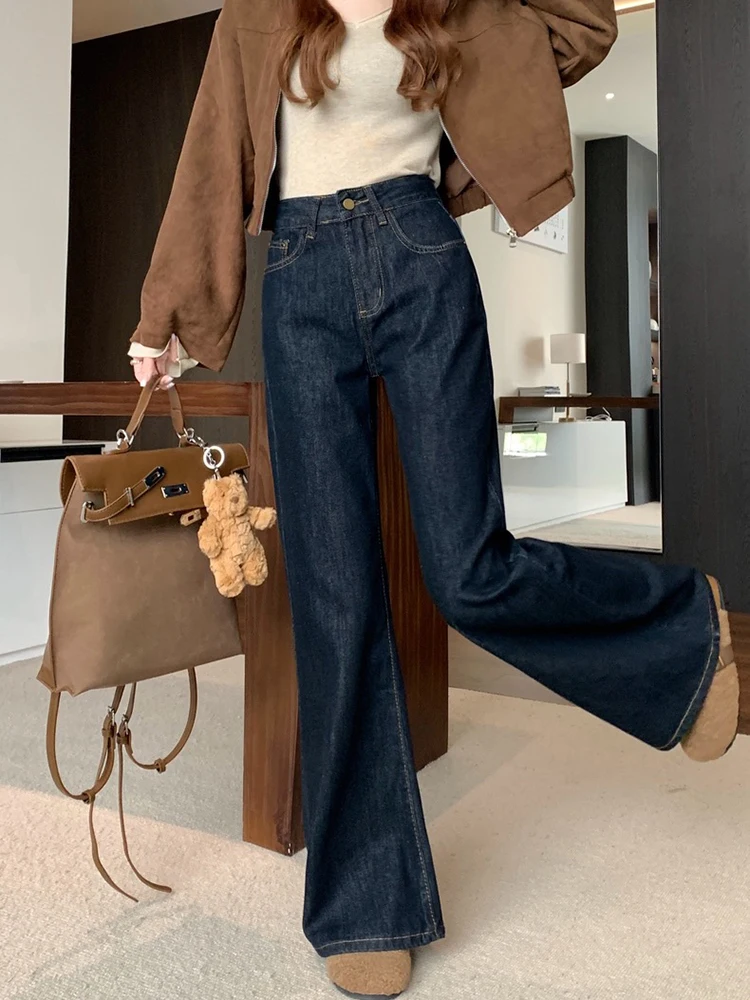 

Летние новые американские женские джинсы в стиле ретро, простые базовые темно-синие шикарные брюки, женские модные уличные повседневные женские джинсы с высокой талией