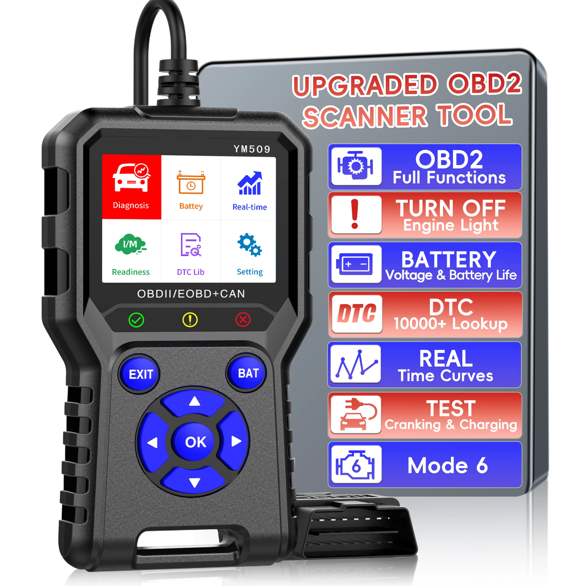 

OBD2 Scanner with Upgrade Battery Tester - Diagnostic Tool for Cars That Check Engine Light & Emissions Readiness Read