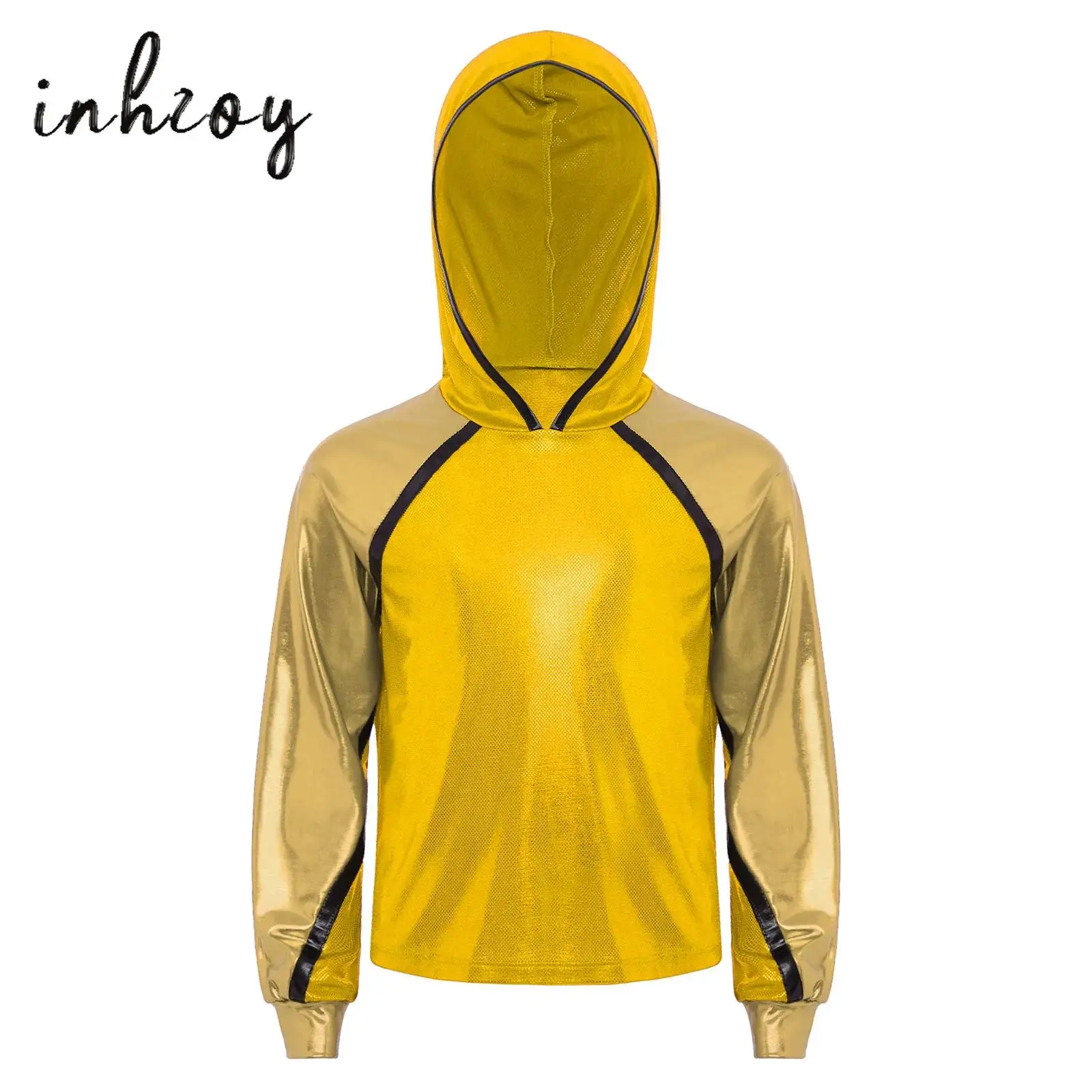 

Kids Girls Hoodie Sweatshirt PU Metallic Long Sleeve Hooded Pullovers Top for Hip-hop Jazz Dance Performance Workout Sportswear