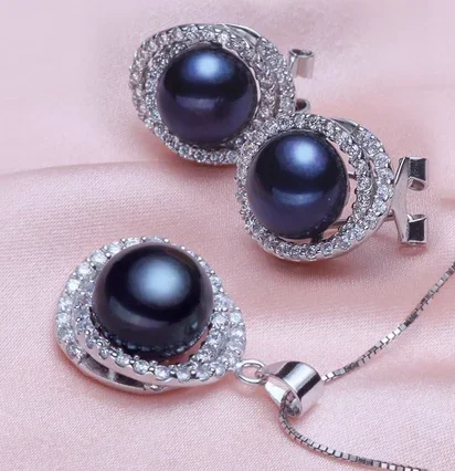 

Women's Set of huge 12mm Natural Tahitian genuine black perfect pearl earring pendant 4.28 real silver-jewelry