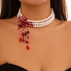 Lacteo Bloody Crystal Imitation Pearl Necklace Women's Long Tassel Strand Beads Choker Halloween Girls Jewelry Party New Collar