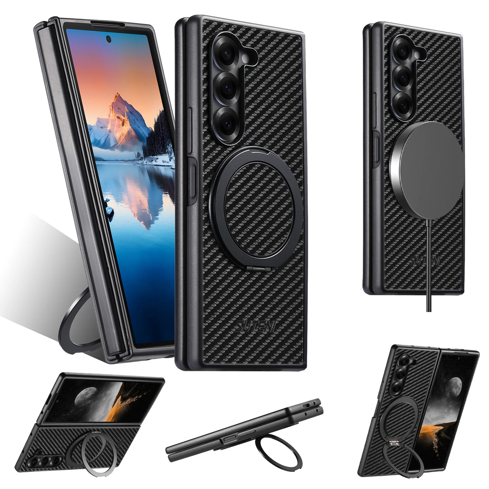 Magnet Wireless Charging Phone Case Carbon Fiber Texture 360° Rotating Stand Buckle For Samsung Galaxy Z Fold 8Ultra 7 6 5 Cover