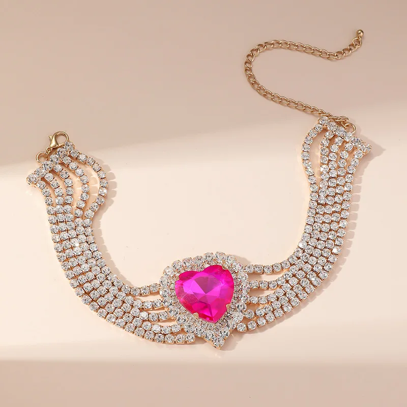 Fashion Red Pink Heart Crystal Choker Necklaces for Women Rhinestone Chain Necklaces Party Wedding Jewelry