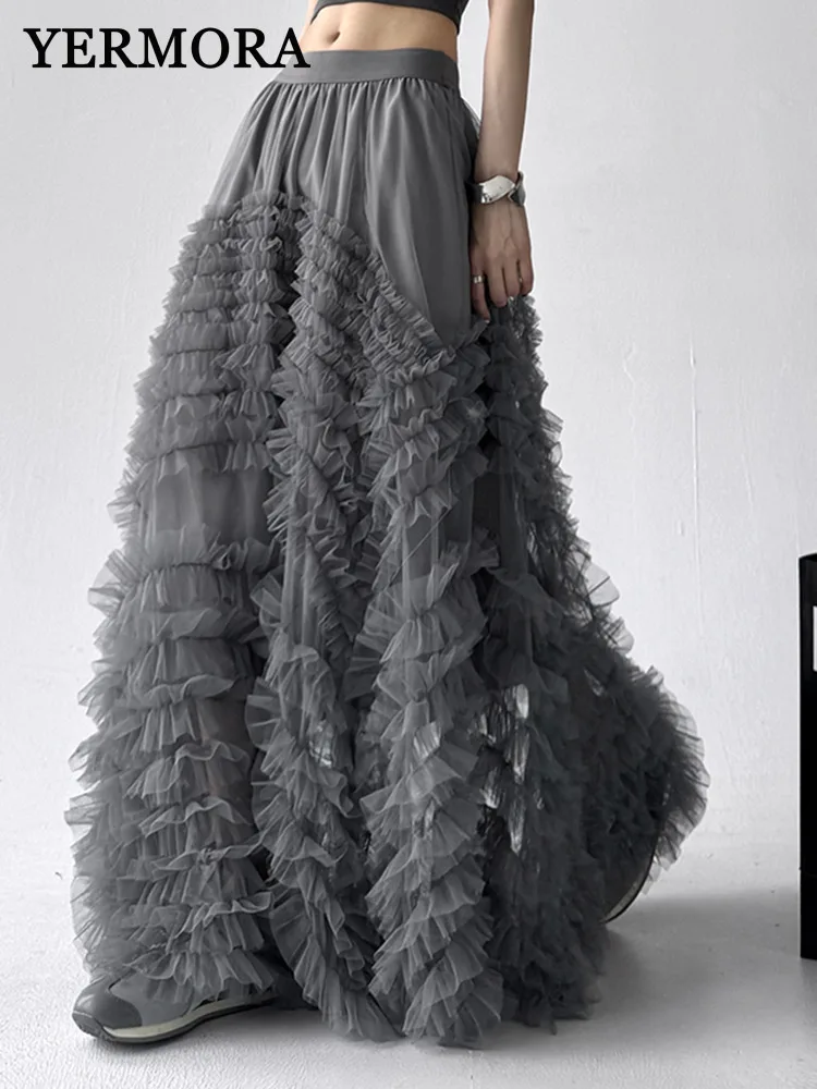 

YERMORA high elastic waist gray irregular mesh half body skirt for women loose fashion tide spring summer 2025 new