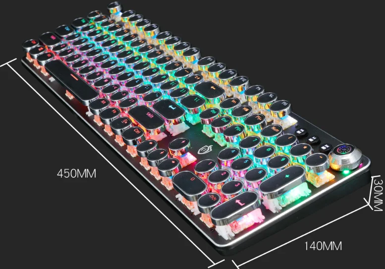 Macchina da scrivere retrò Steampunk RGB Tastiera cablata retroilluminata a LED Tasti rotondi punk Tastiera da gioco meccanica per PC desktop/laptop/Phon