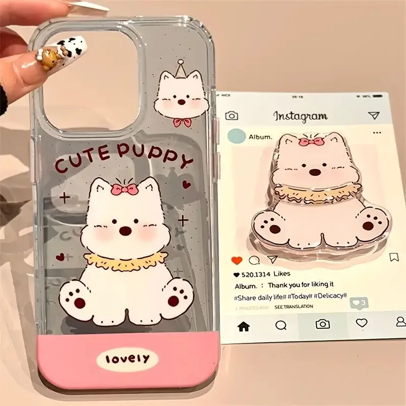 

Blue West Highland Dog Phone Case for iPhone 14 15 16 Pro Max with Small Stand Cute Cartoon Large Hole Transparent Cover