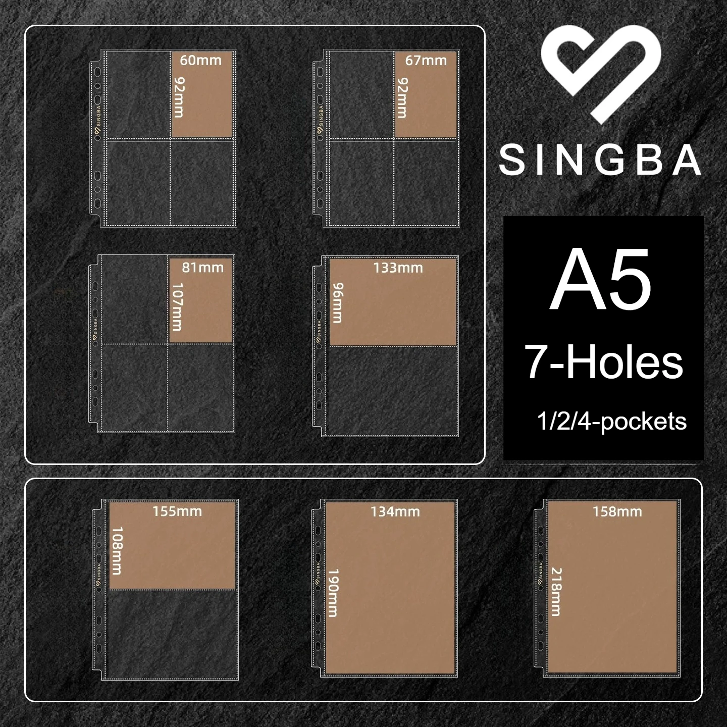 SINGBA A5 20pcs 7-Hole Card Photo Album Sleeves 20 Silk Acid-Free 1/2/4 Pocket for 3