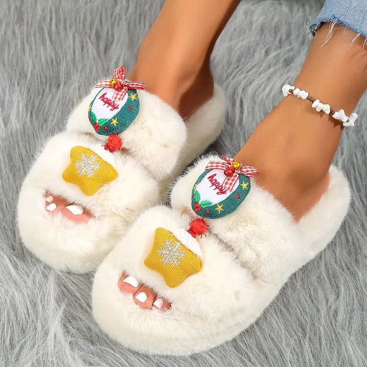 Christmas Gift Winter Women House Slippers Faux Fur Warm Flat Shoes Female Slip Home Ladies Faux Fur Slippers Fluffy slippers