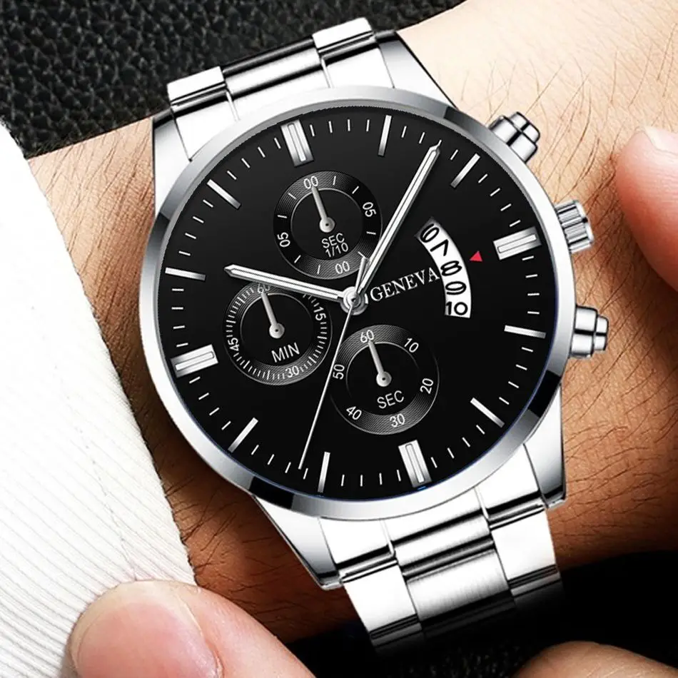 3PCS/Set Fashion Men\'s Stainless Steel Band Watch Casual Calendar Quartz Watch Jewelry Set（Without Box）