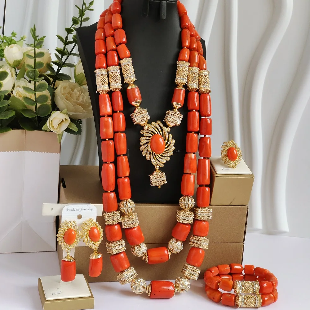

Laanc Nigerian Indian African new original orange coral beads jewellery set natural for weddings