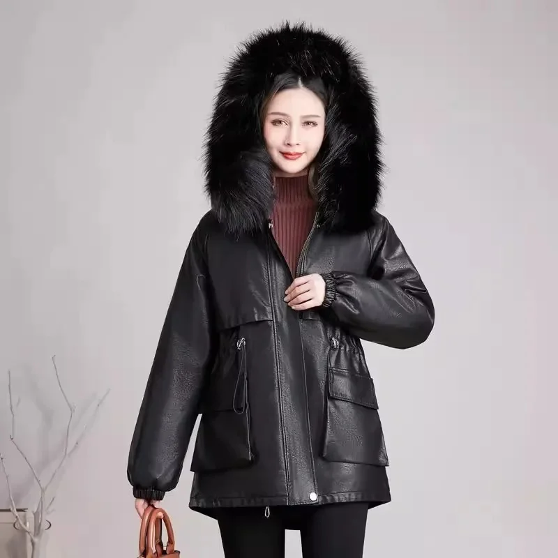 Big Fur Collar PU Leather Coat Women\'s Cotton-Padded Jacket Long 2024Autumn Winter New Parkas Korean Overcome Female Outwear Top