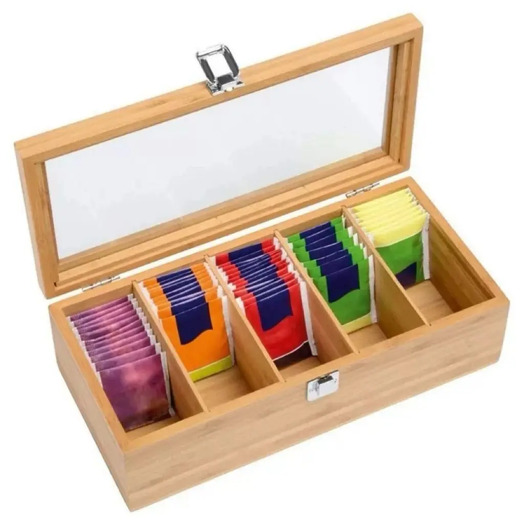 5 Slots Bamboo Tea Box Storage Organizer,Holds Tea Bags and Tea Accessories,Tea and Coffee Condiment Storage Organizer,Tea Bar