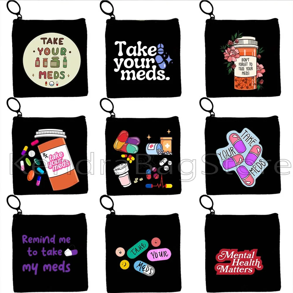 Funny Take Your Meds Mental Health Love Yourself Therapist Cute Canvas Coin Purse Canvas Bags Key Storage Card Bag Wallet Pouch