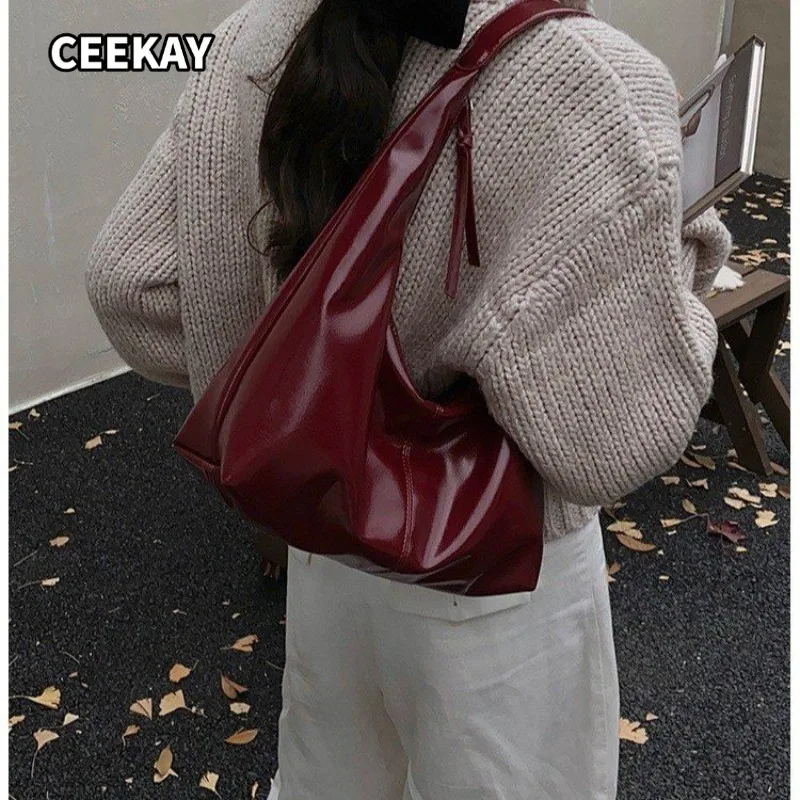 CEEKAY Women's Hobo Bag Burgundy Glossy PU Leather Large Capacity Shoulder Handbag Zipper Closure Daily Casual Style