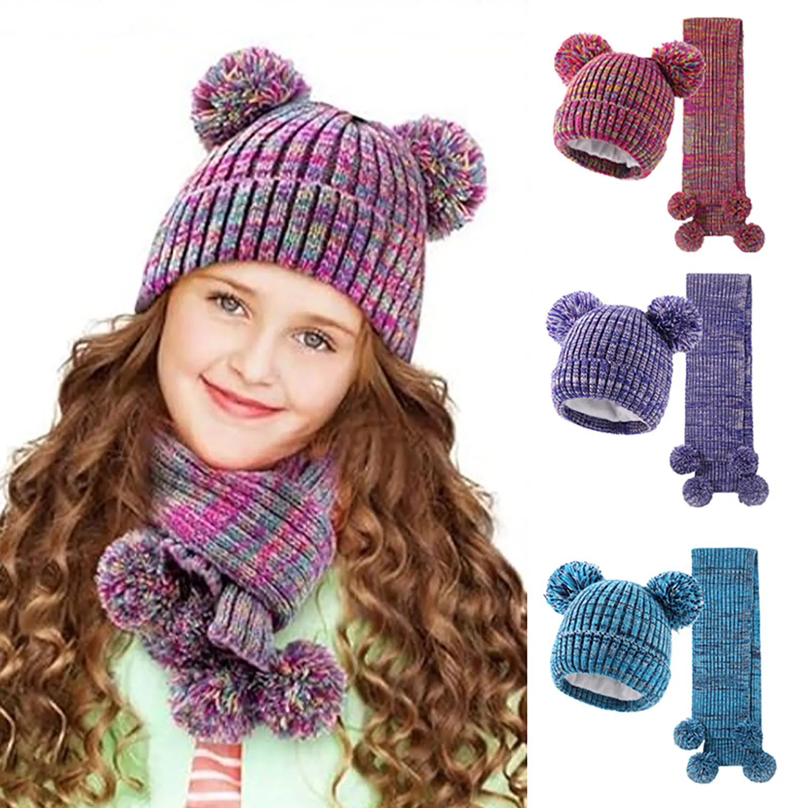 

2 Pcs/Set Hat and Scarf for Girl Set Thickened Plush Knitted Anti-slip Fur Ball Decor Windproof Keep Warm 1-8Y Girls Outdoor Hat