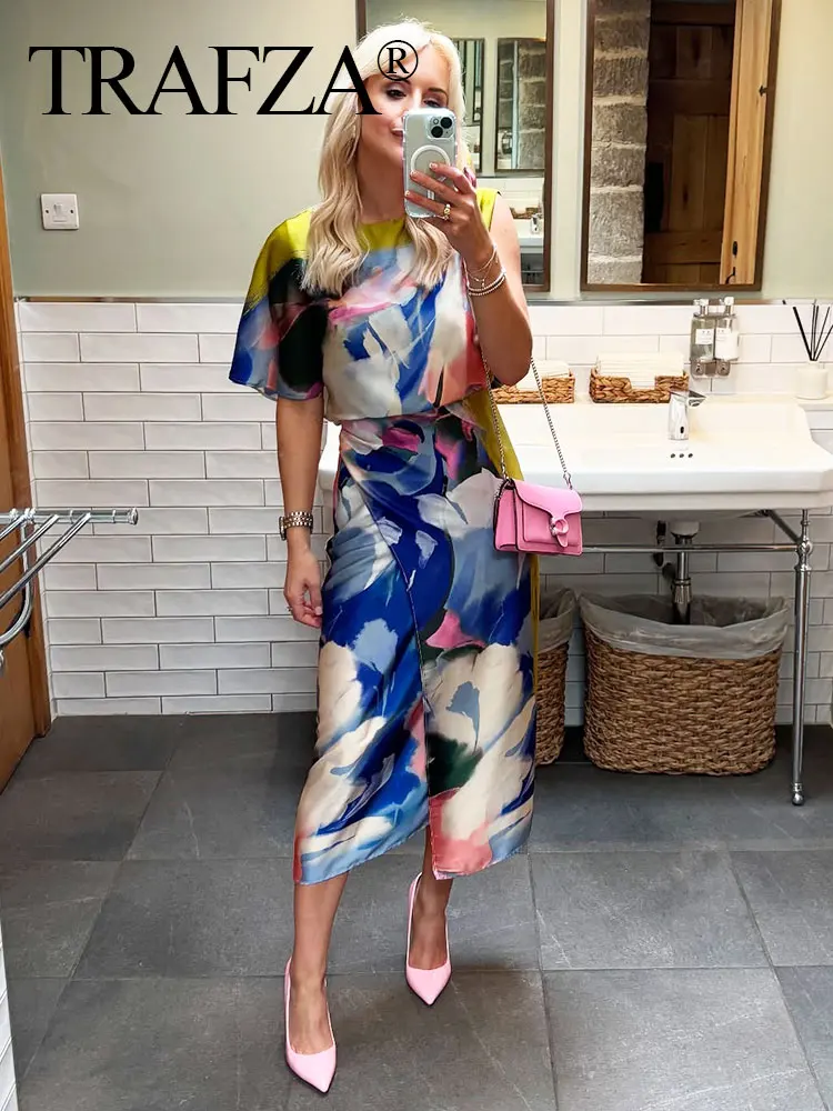 

TRAFZA Trendy Elegant Floral Printed Asymmetry Midi Dresses For Women 2025 Summer O-Neck Waist Tightening Side Zipper Chic Dress