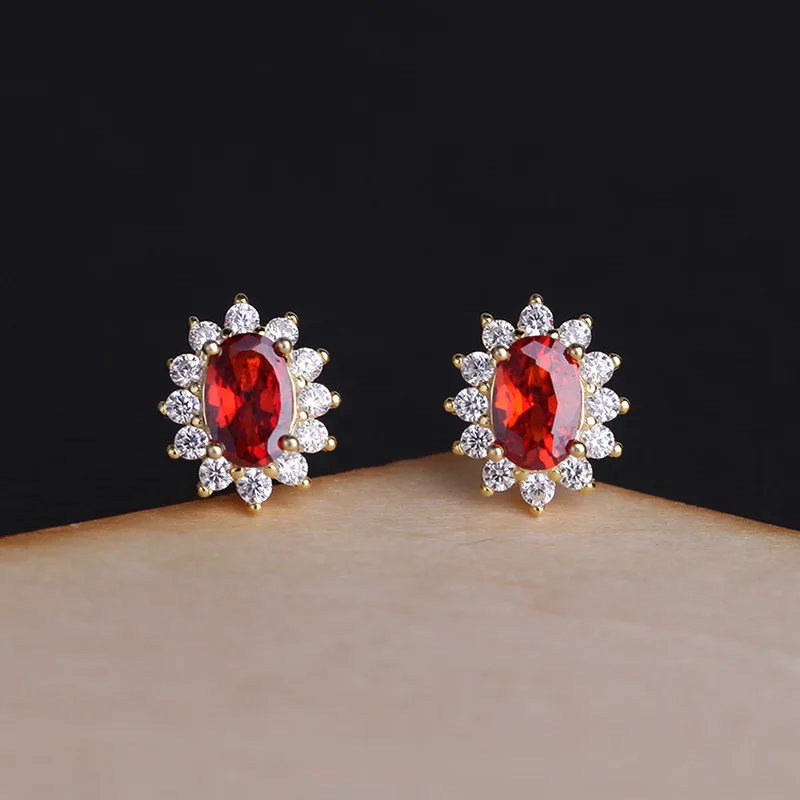 

Elegant Original 925 Sterling Silver 14k Gold Sun Red Zircon Stud Earrings For Women Wedding Luxury Jewelry 2024 Trend Jewellery