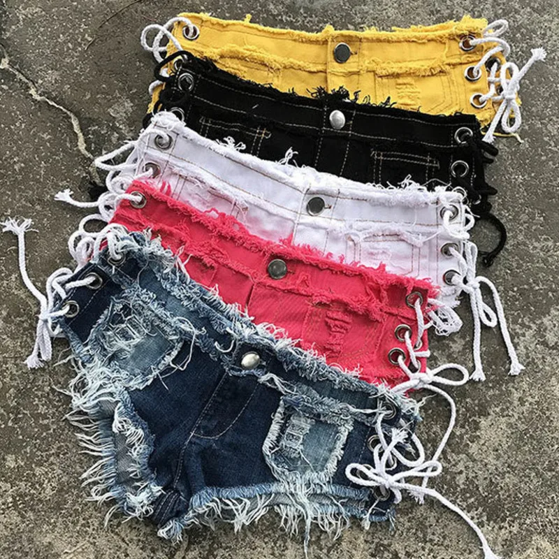 Mini Hot Pants Summer Low Waist Sexy Denim Shorts Women 2025 Side Hollow Out Lace Up Streetwear Club Beach Hotpants