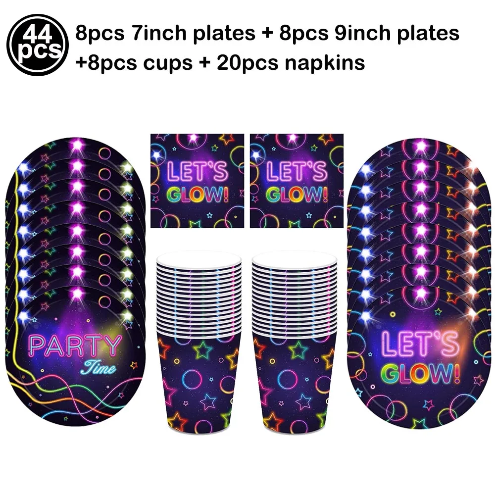 Einweggeschirr-Set mit Neon-Thema, Papier-Snack-Tabletts, Tischdecken, alles Gute zum Geburtstag, Banner, Kindergeburtstag, Glühen, Party-Dekoration, Zubehör – Detail 1