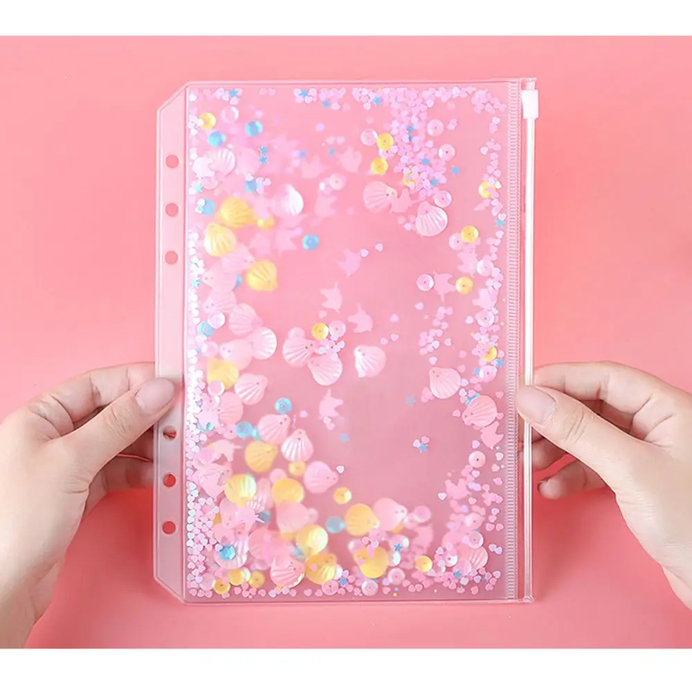 Tas Penyimpanan File Kantor PVC Glitter Sequin dengan Ritsleting, Kantong Penyimpanan Binder, Kantong Dalam, Tempat File A5/A6