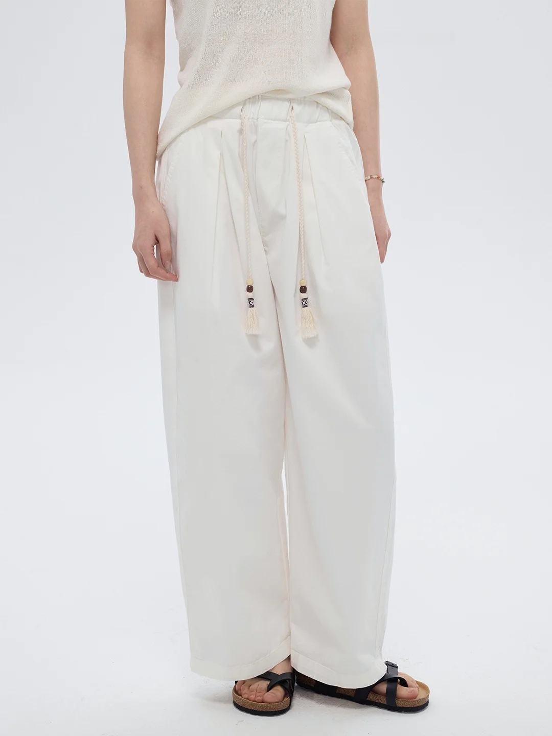 

Casual Holiday Atmosphere GOOZA Elastic Waist Drawstring Loose Straight Leg Wide Leg Pants Women Summer Cotton Trousers