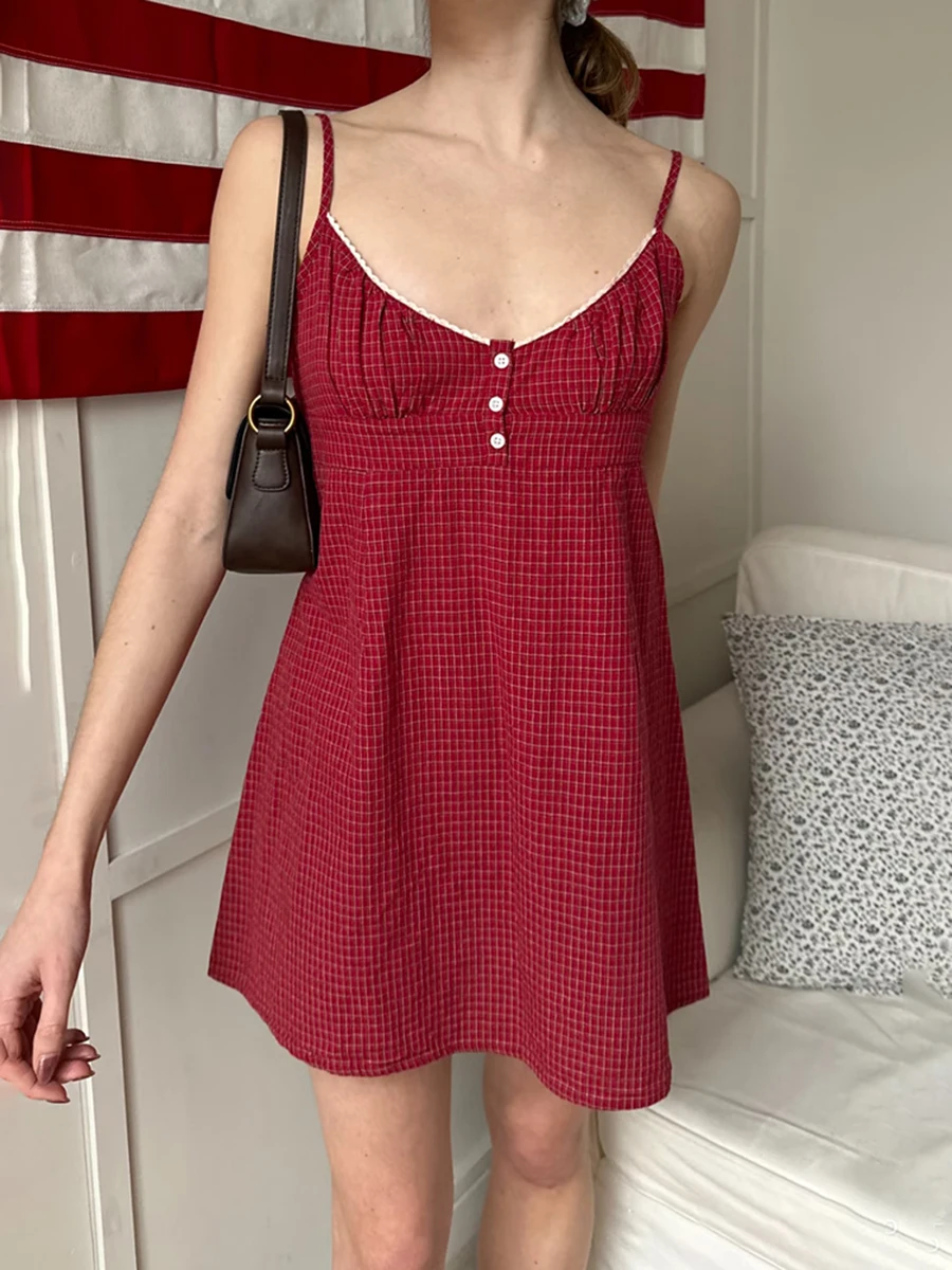 Red Plaid Three Buttons Mini Camis Dress Woman Lace Trim Elastic Waist A-line Short Vestido Summer Cotton Sweet Cute Dresses Y2k