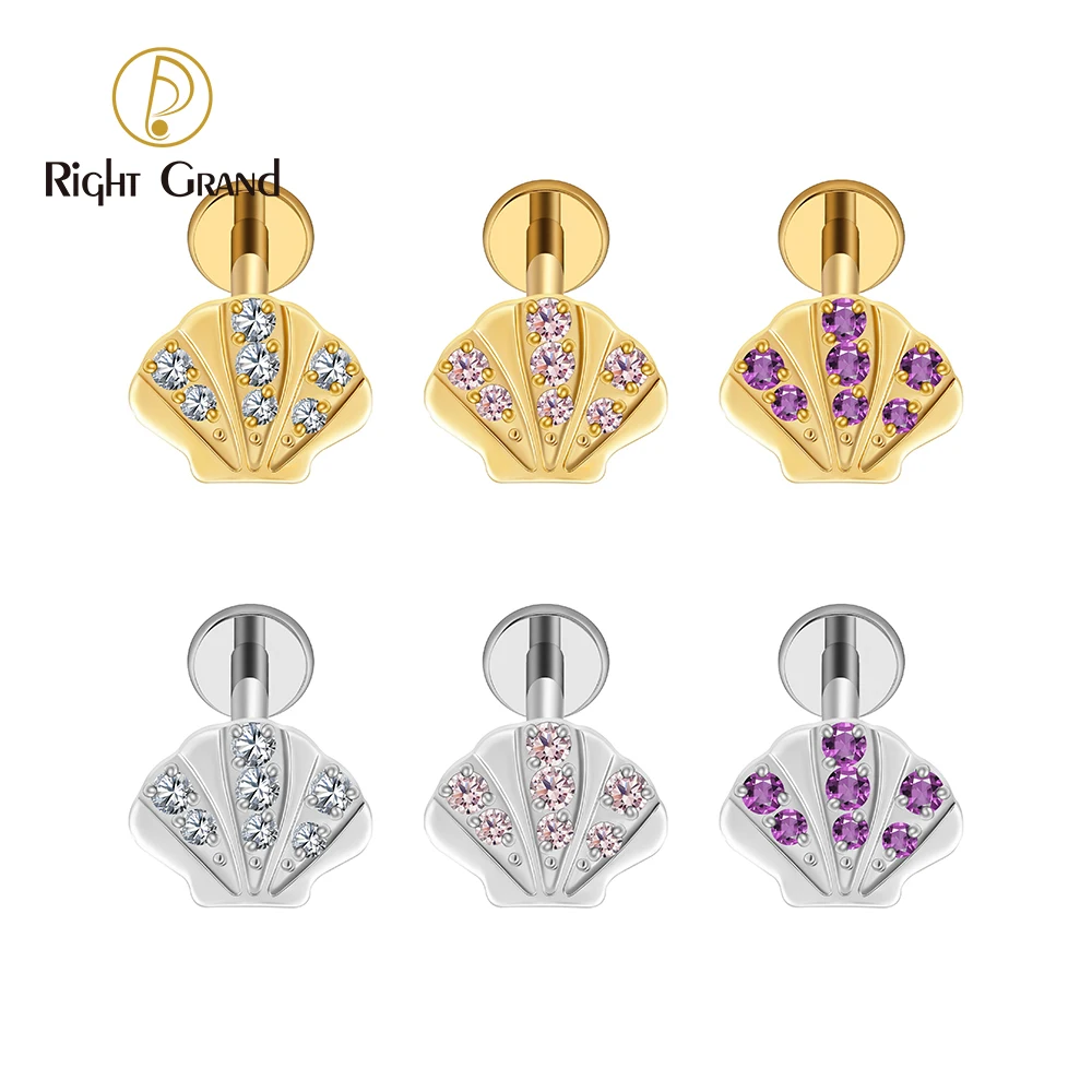 Right Grand Piercing de titânio ASTM F136 (calibre 16G) com topo em formato de concha e base reta, cravejado com zircônia; ideal para cartilagem, helix, conch ou lóbulo — joia estilo praia/verão.