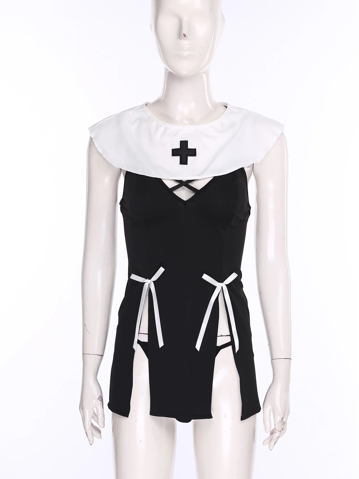 

Женское нижнее белье монахини, соблазнительное платье для ролевых игр с воротником и Т-образными трусами с разрезом подол, мини-платье с открытой спиной для эротического ночного белья