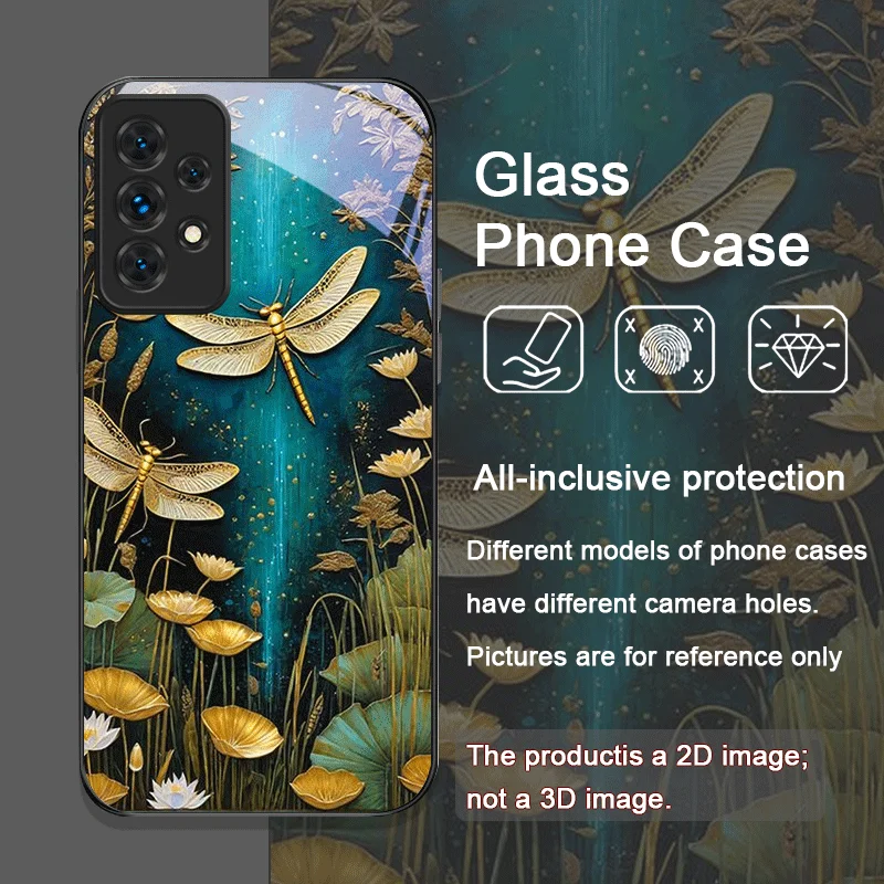 Funda de teléfono de cristal templado con libélula dorada y flor para Samsung Galaxy A06 A17 A55 A54 A53 A52 A36 A14 A31 5G, funda con patrón Floral