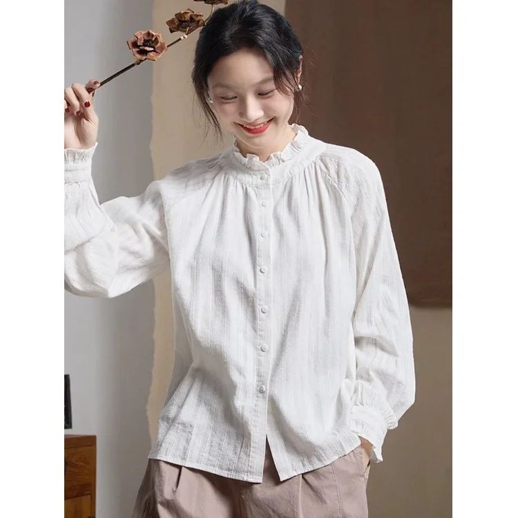 

Women's Lace Collar Long Sve Pure Cotton irt Layering Slimming White Top Commute Sle Vintage Loose Fit Button Detail