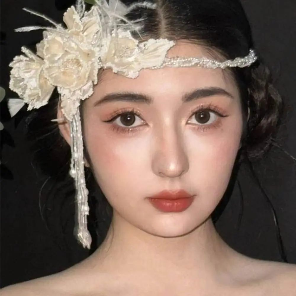 Fada requintado nupcial headbands pena pérolas noiva headdress flor luxo casamento headwear