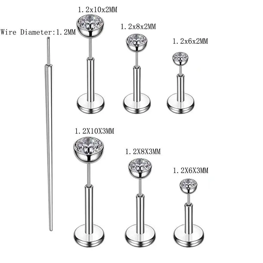 7Pcs Set Flat Back Earrings Studs Nose Rings Ear Screen Shiny CZ Lips Lip Lip Conch Body Piercing Jewelry for Women and Men