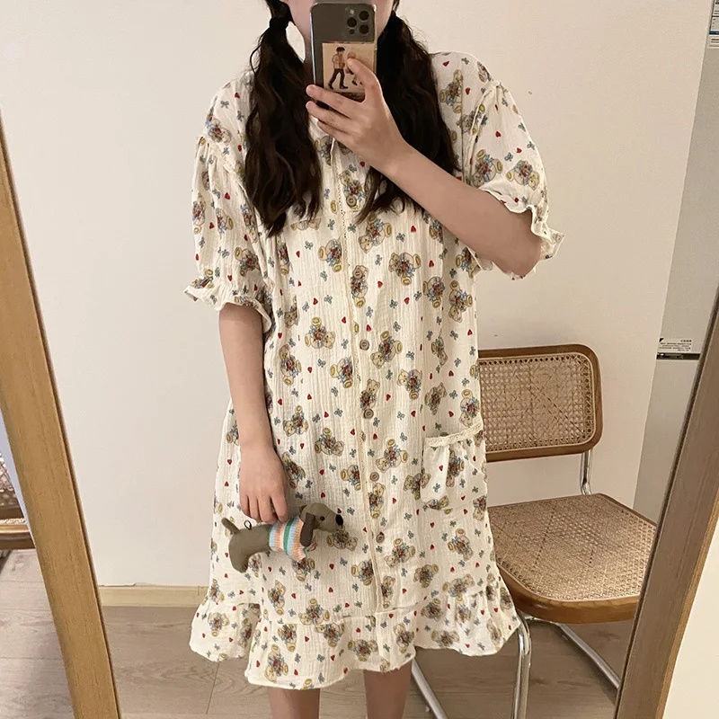 

Bear Soft Summer Cartoon Home Short Sleeve Print NightDress Women Lace Kawaii Casual Comfortable Ins Elegant Pattern Sleepwear