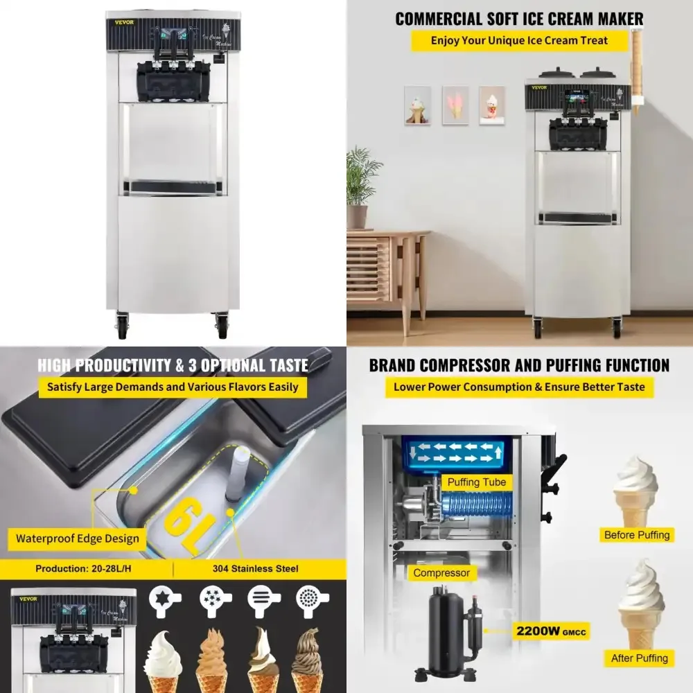 

Commercial Soft Ice Cream Machine 2200W 20-28L/H Ice Cream Maker Double 6L Hoppers Ice Cream Making Machine YKF-8228H