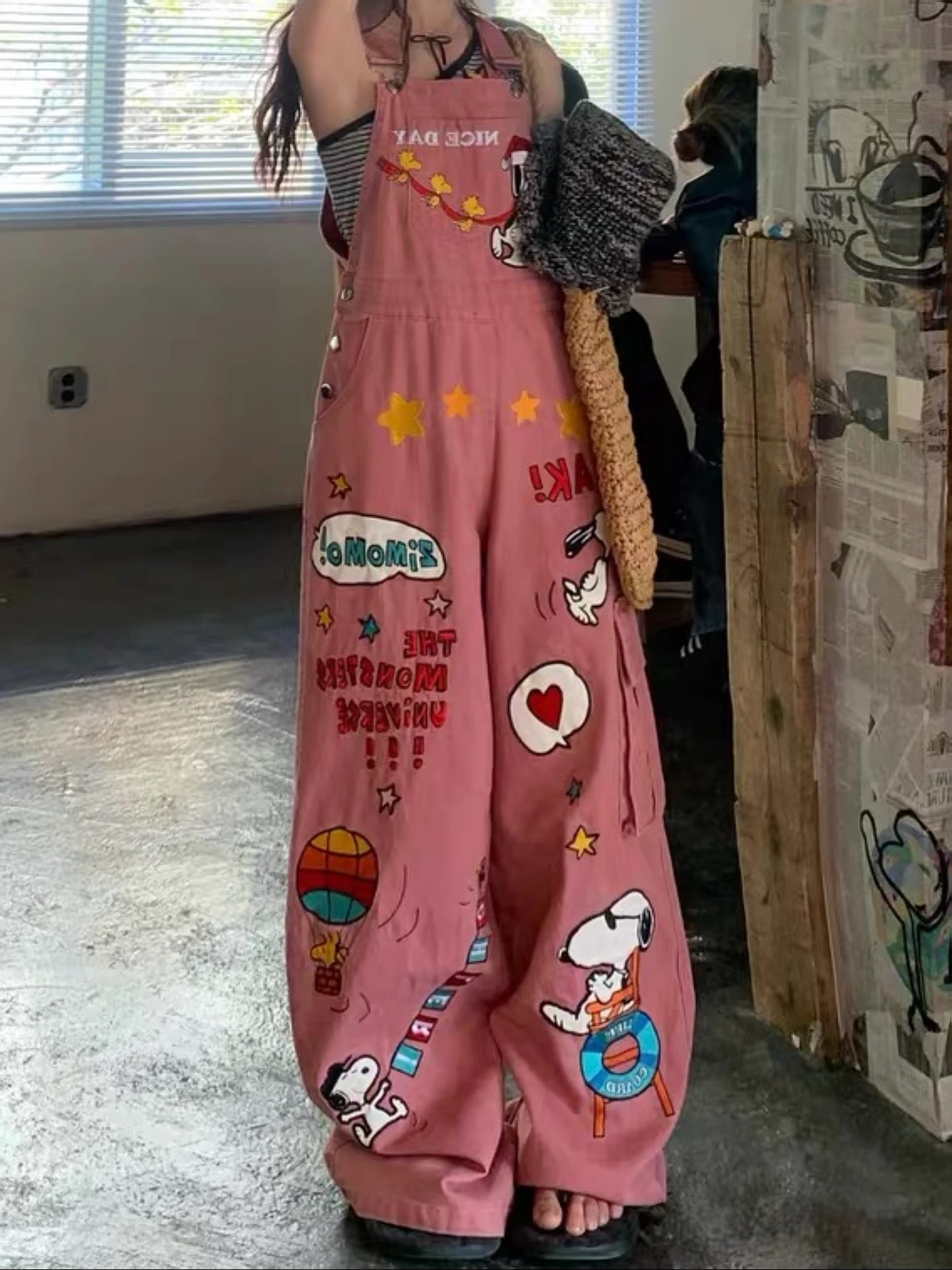 

plus Size American Retro Cartoon Dog Embroidery Denim Overalls Women's Loose Slim Wide Leg Long Pants High Waist Jeans