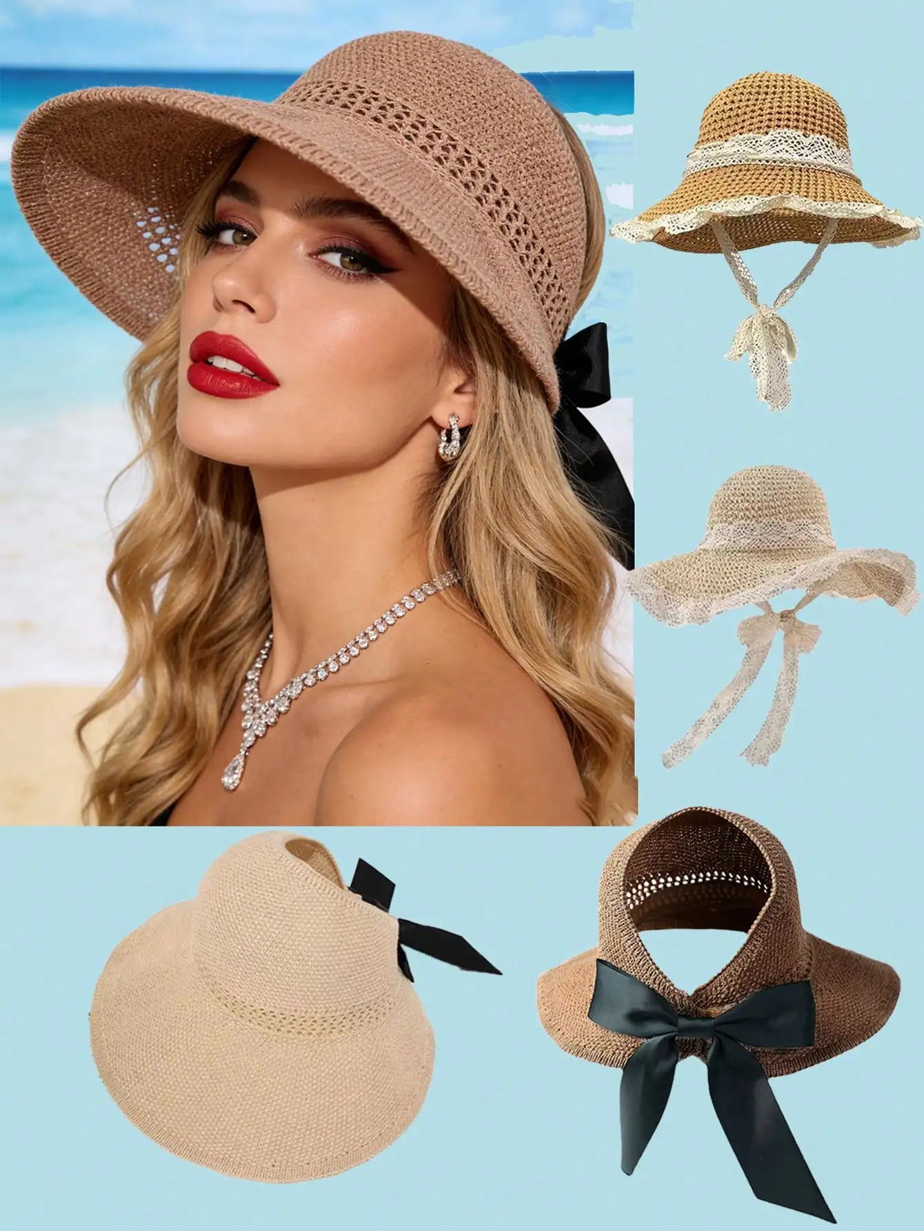 

2 Styles Of Straw Hats,Sun Visor Hats For Women, Lace Trim Wide Brim Straw Hat And Wide Brim Straw Roll-Up Ponytail Summer Beach Hat UV UPF Packable Foldable Travel Boho Bow,Vacation