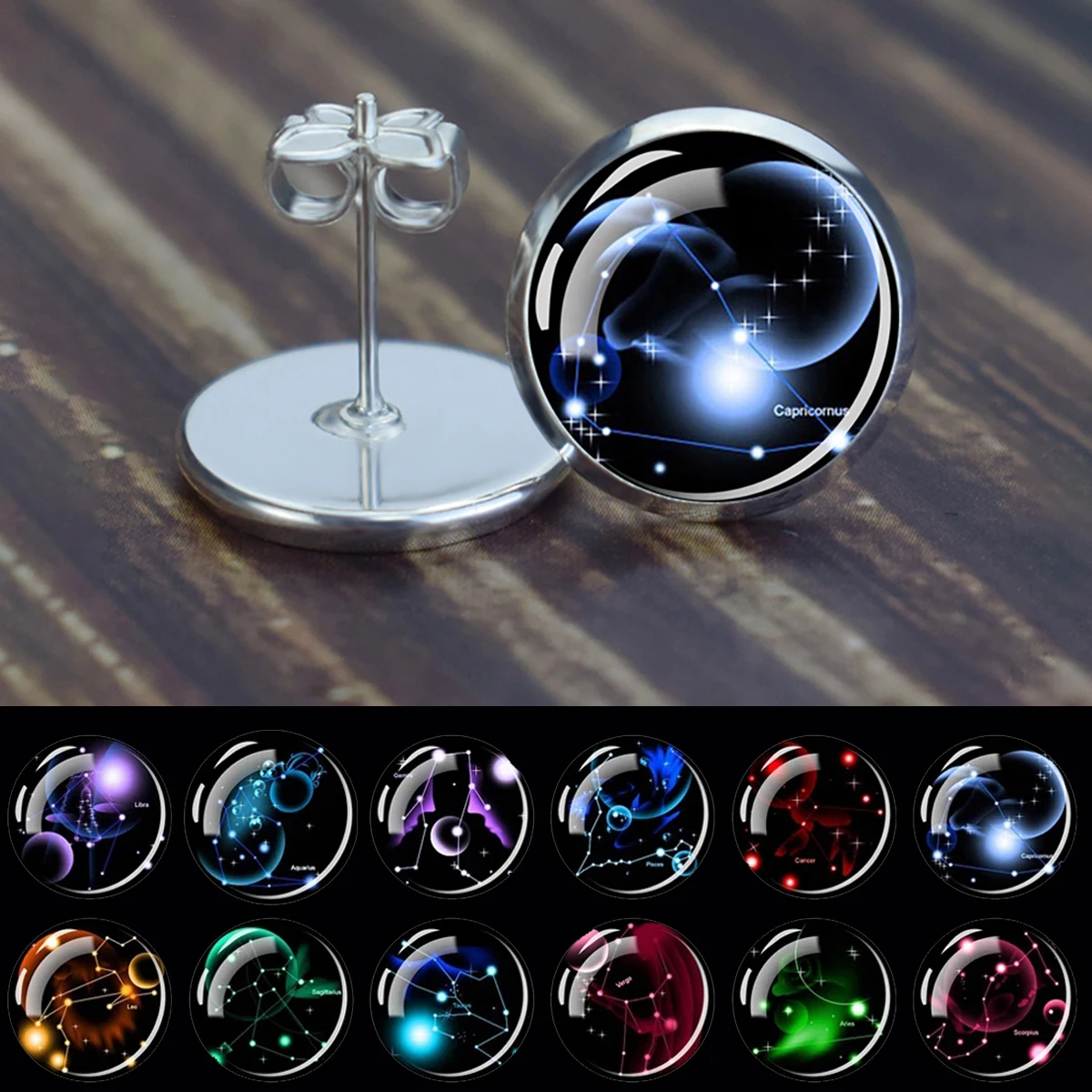 12 Constellations Glass Ear Studs Earrings - Aries Taurus Cancer Zodiac Themed Jewelry